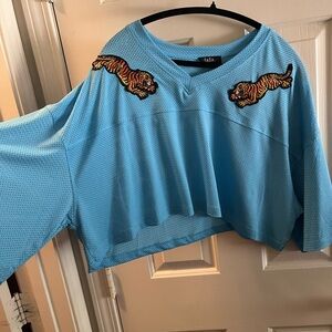 Dressed in LALA Blue Jersey Top with Leopard Print